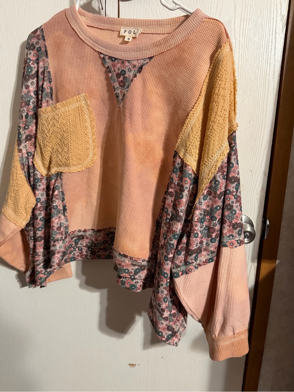 POL Boho Floral Patchwork Mixed Media Thermal Knit Top - Size Small